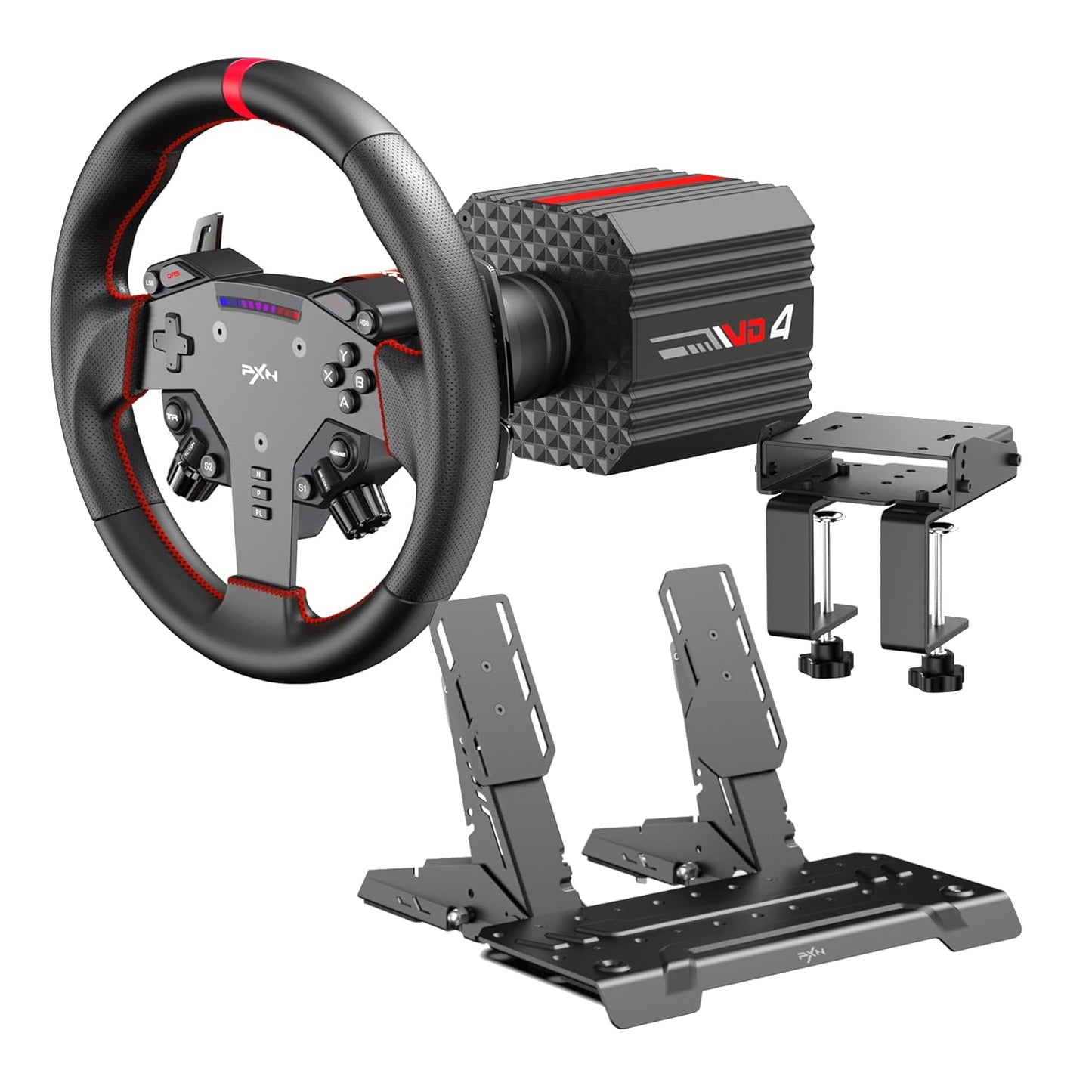 PXN VD4 Direct Drive Bundle 4nm FFB, W AS Steering Wheel, PD HM 2 Pedals (PD HM Brake&Throttle), and Z8 table clamp